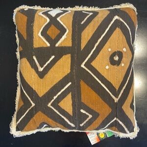 Authentic, handmade, black, tan, brown and cream African Mudcloth pillow.